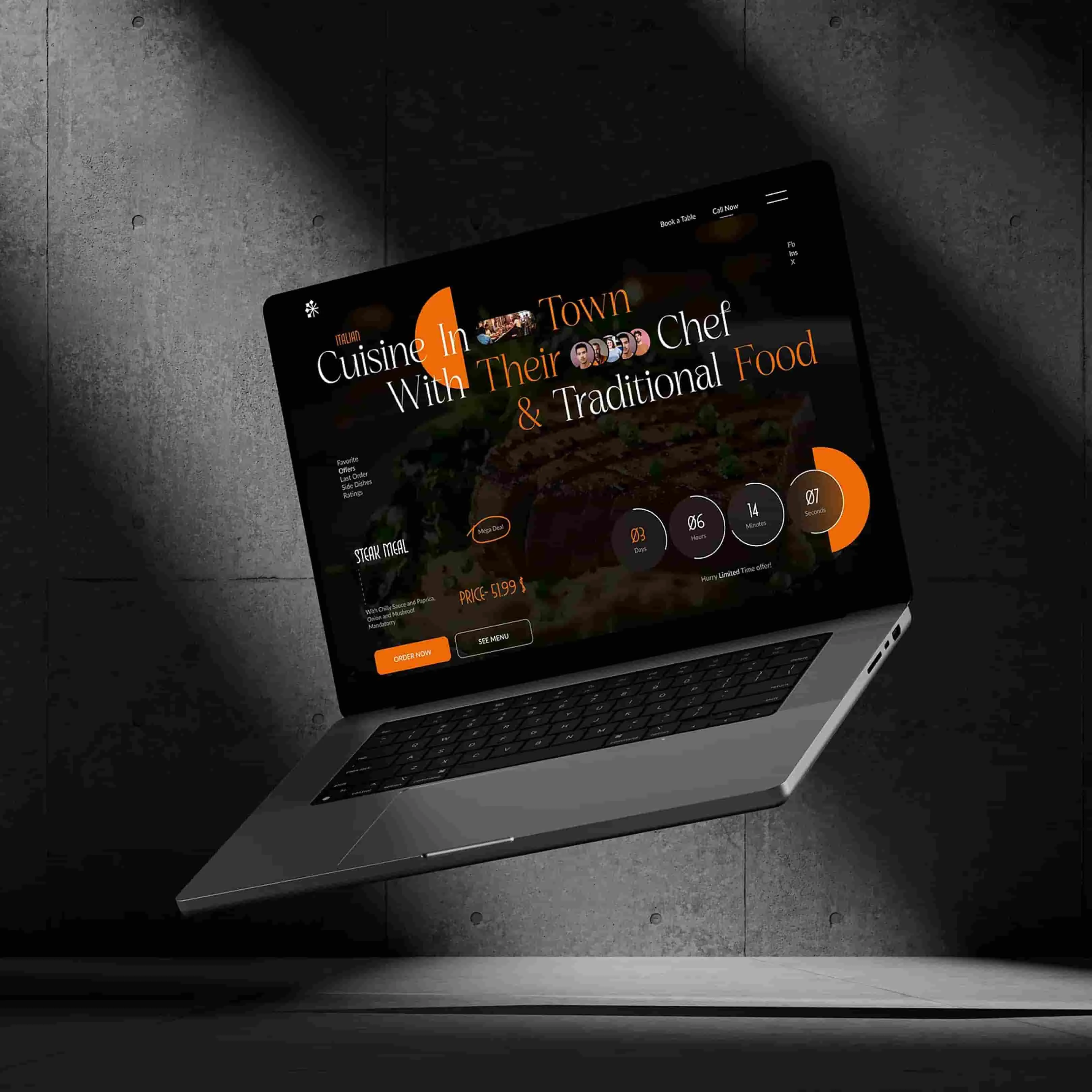 Restaurant website design shown on a laptop