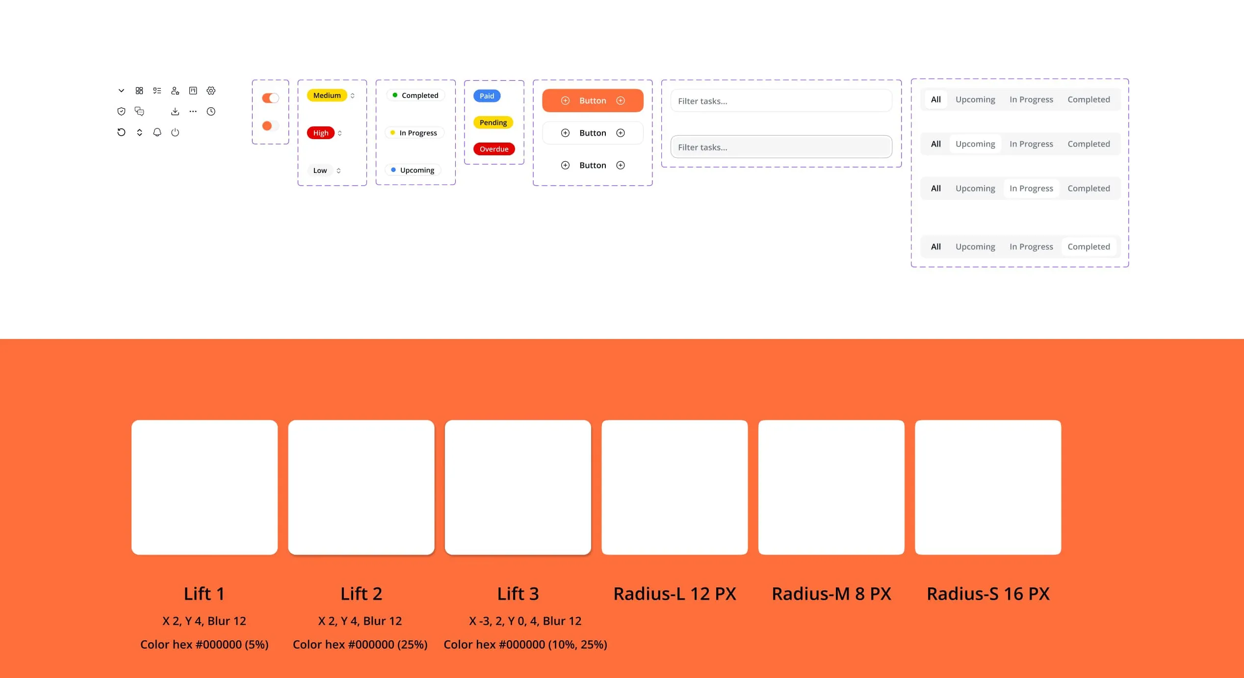 UI components: status chips, buttons, elevation levels and corner radius