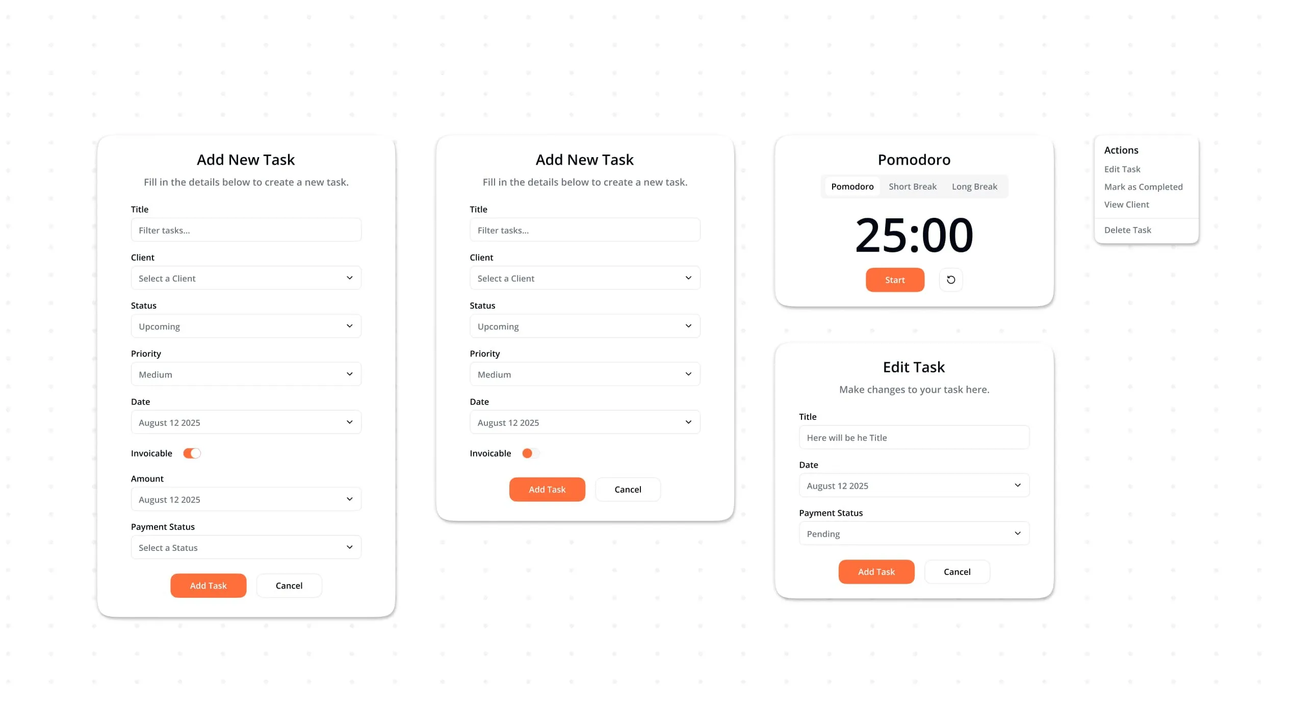 Task forms, edit task dialog and Pomodoro timer components