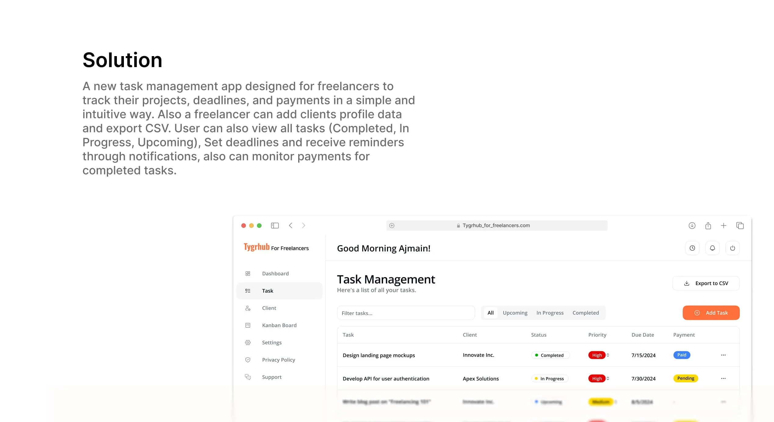 Solution overview with the Tygrhub task management screen