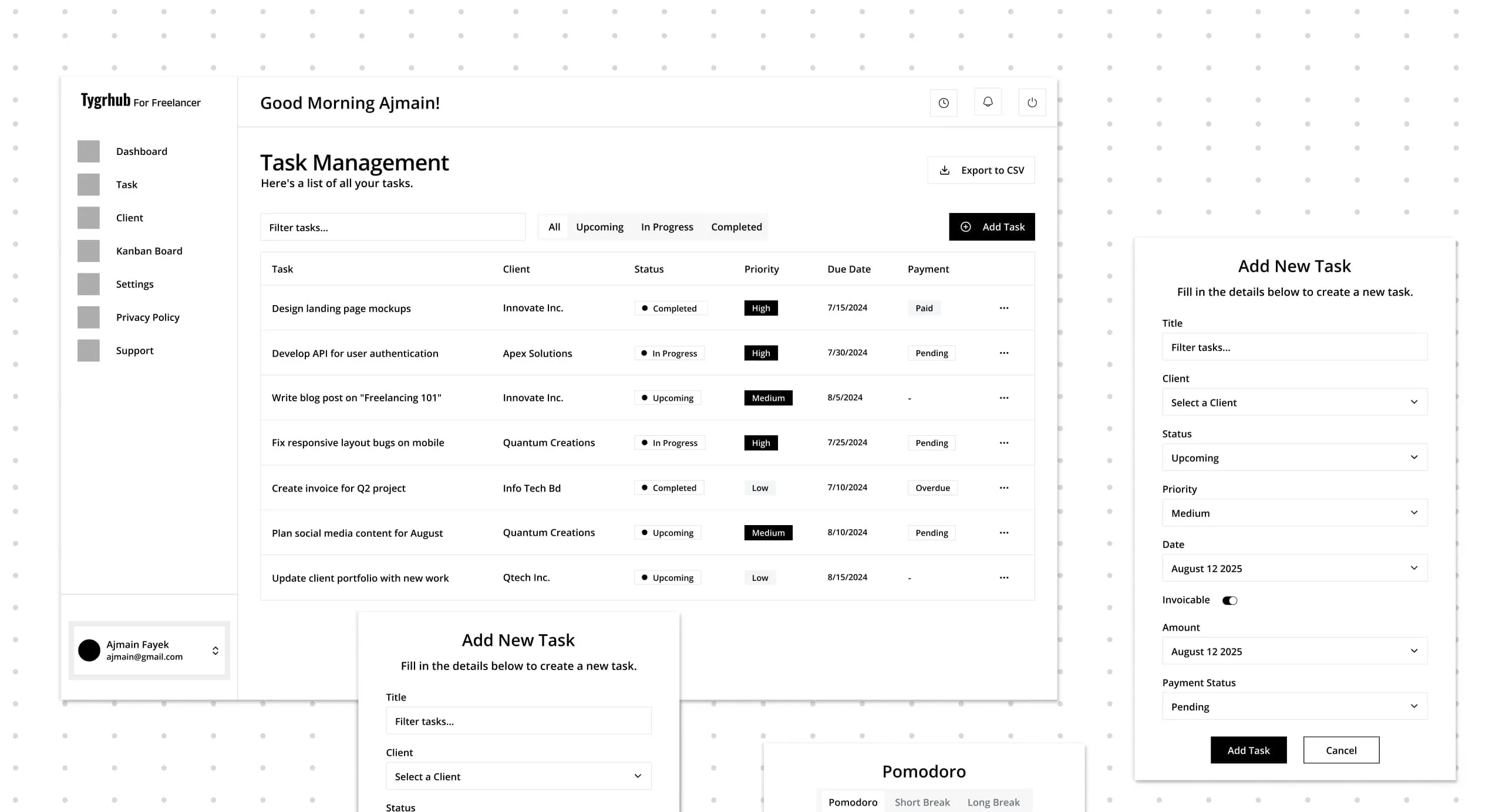 Add New Task form opened from the task management table