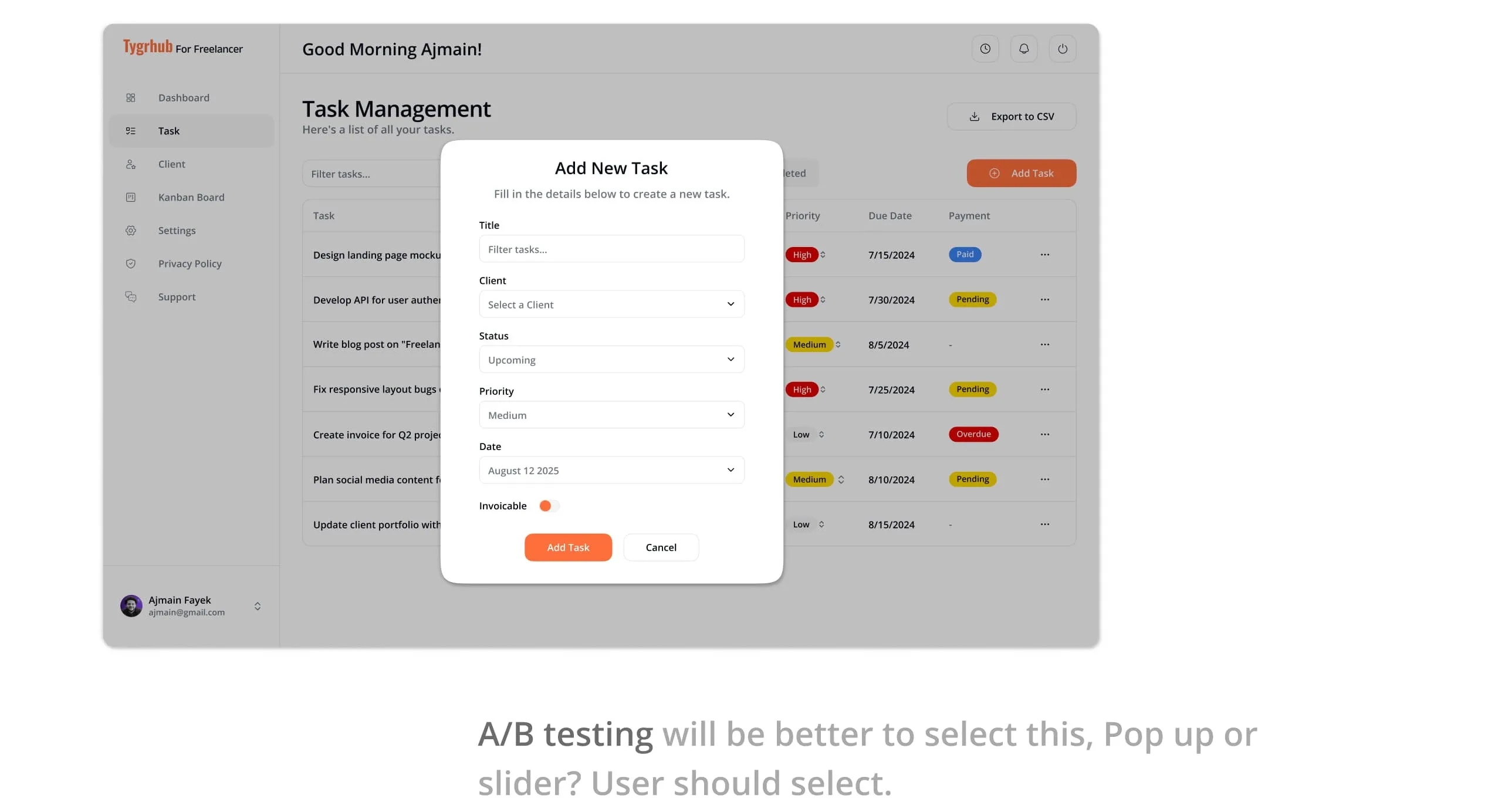 Add Task as a centred pop-up modal (A/B test option one)