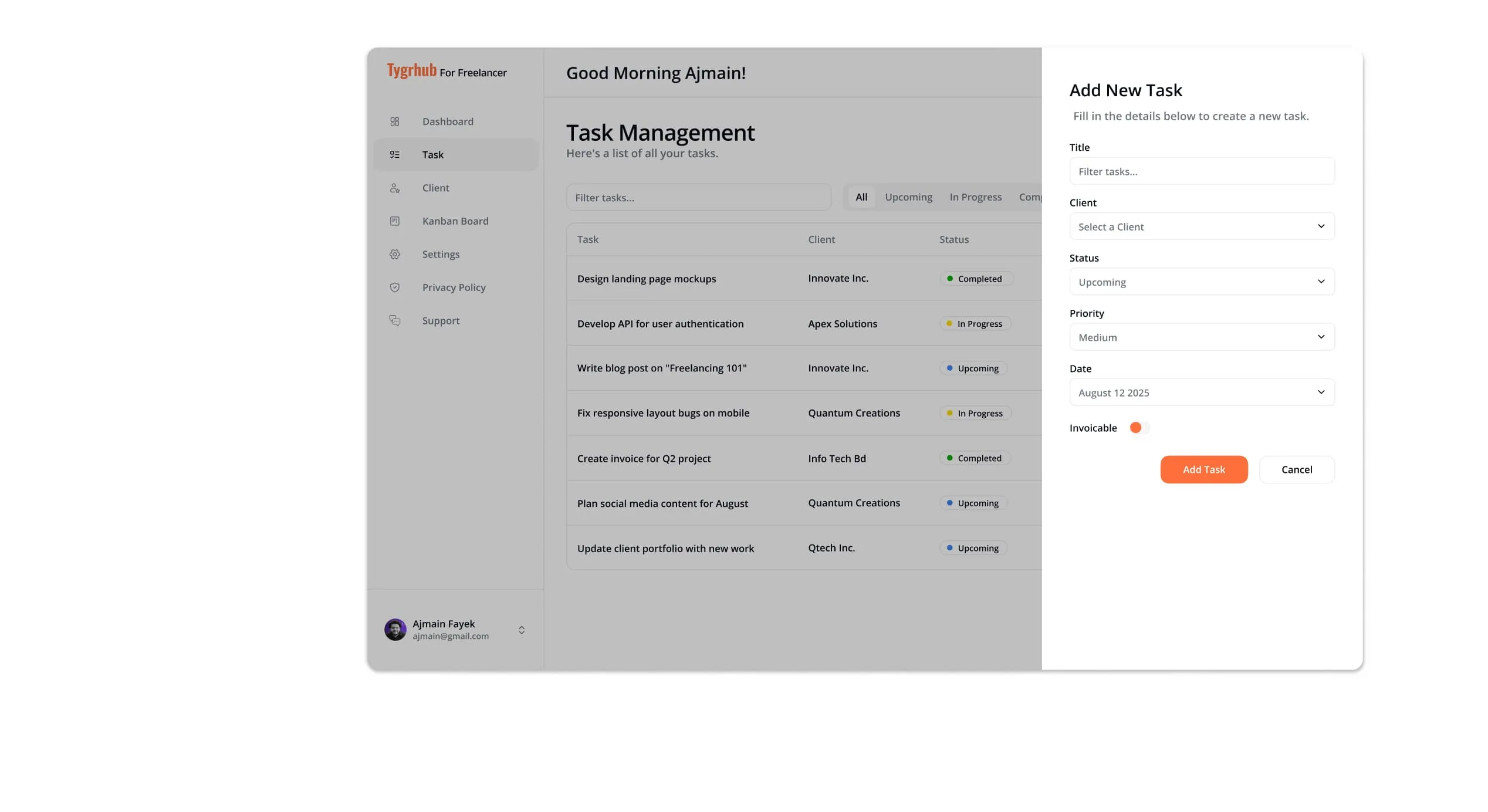Add Task as a slide-in side panel (A/B test option two)