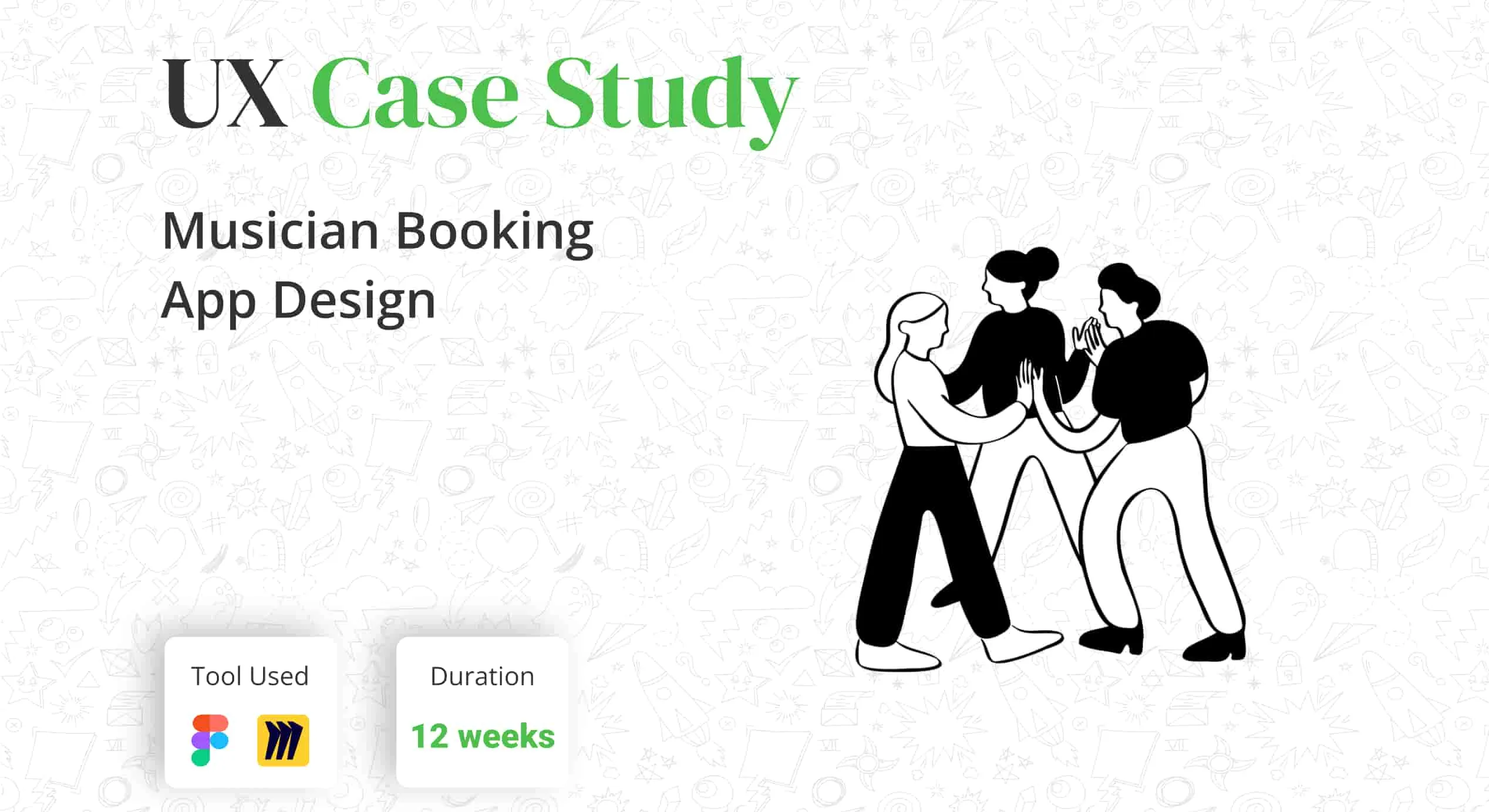 UX case study cover: Musician Booking App Design, Figma and Miro, 12 weeks