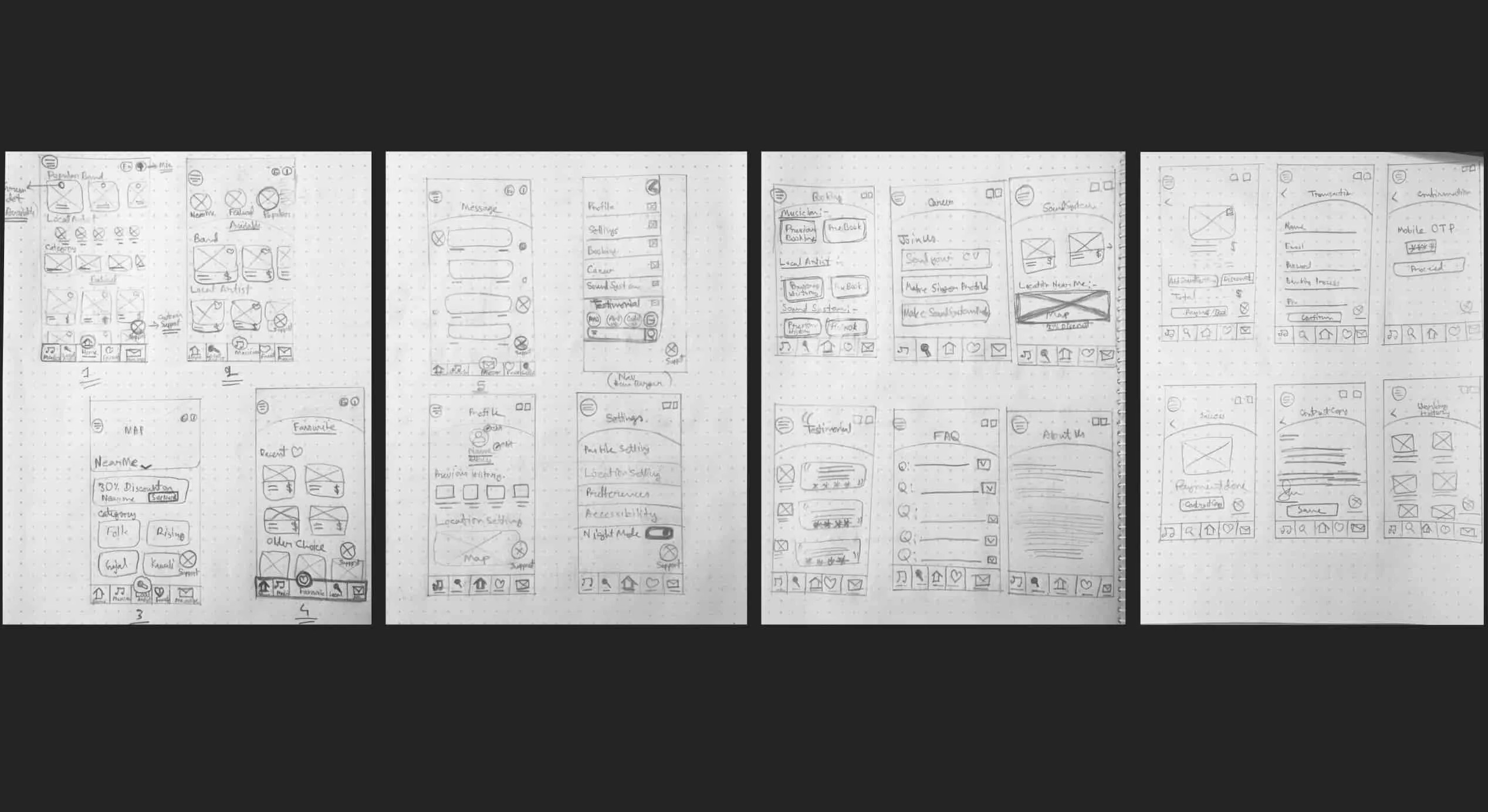 Paper wireframe sketches of the app screens