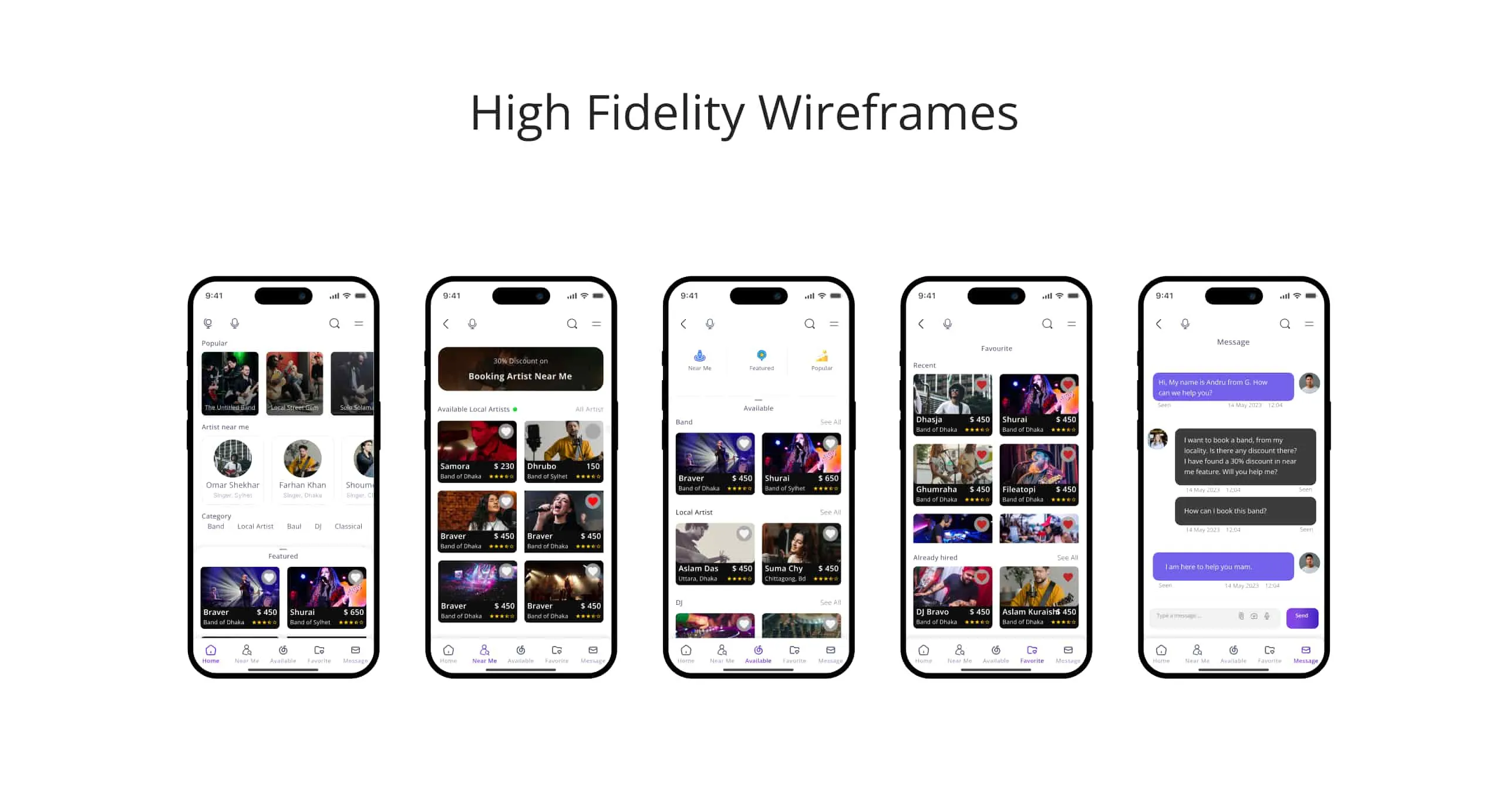 High-fidelity mobile screens: home, bands and booking