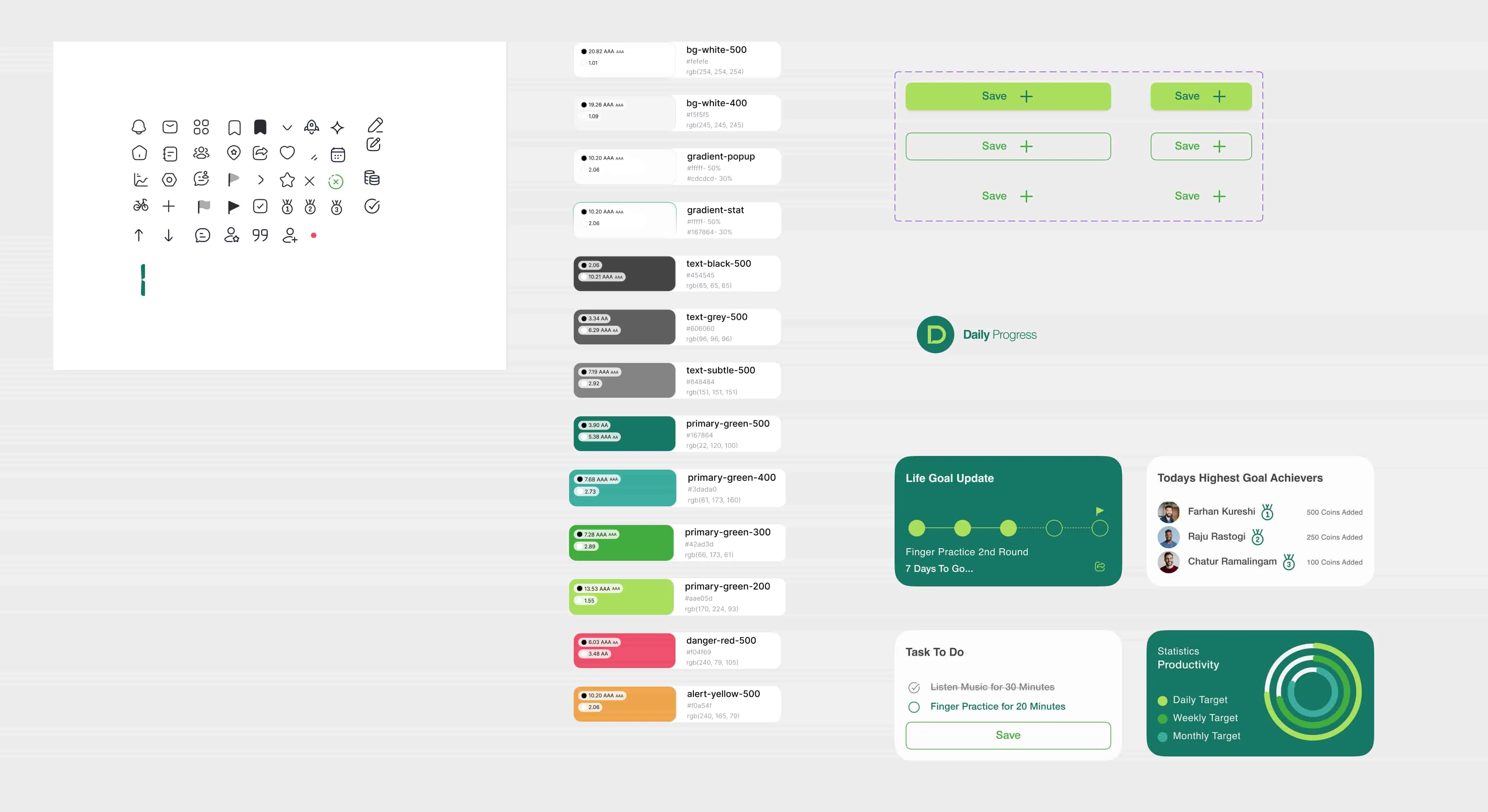 Design system: icons, colour styles, buttons and cards