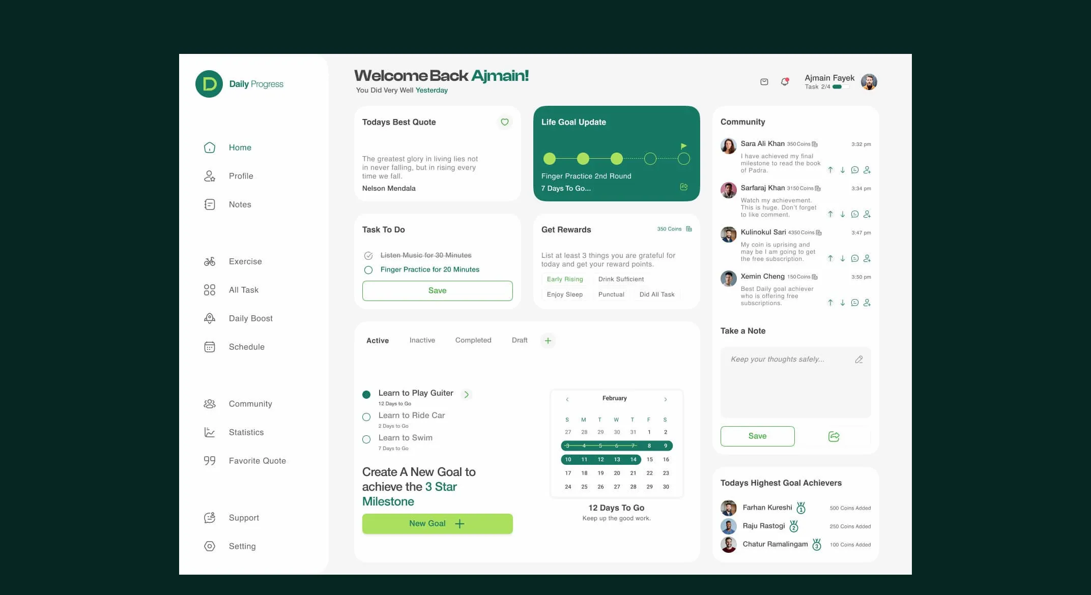 Daily Progress dashboard with life goal update, tasks, community and calendar