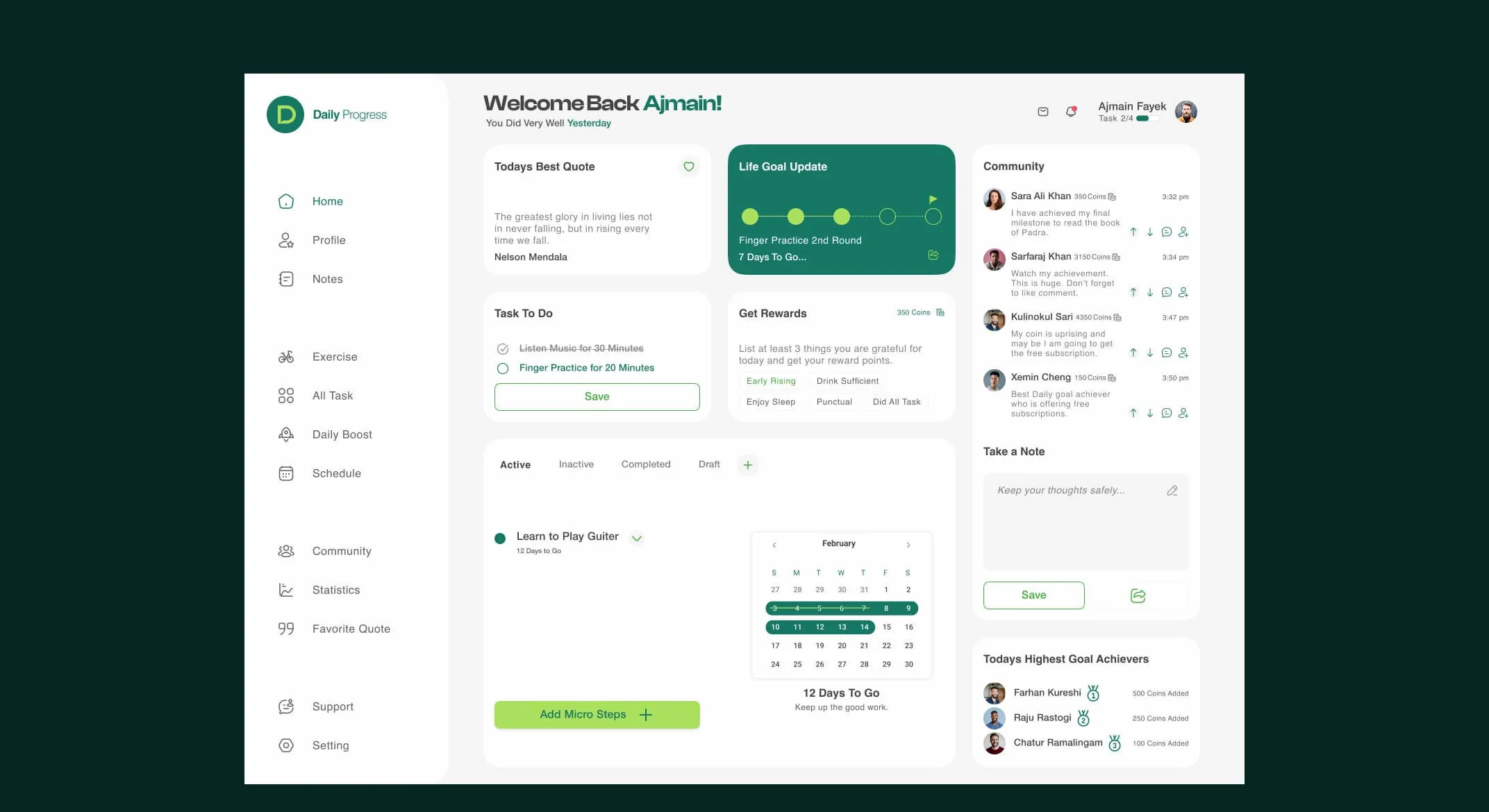 Dashboard with life goal progress tracker and daily tasks