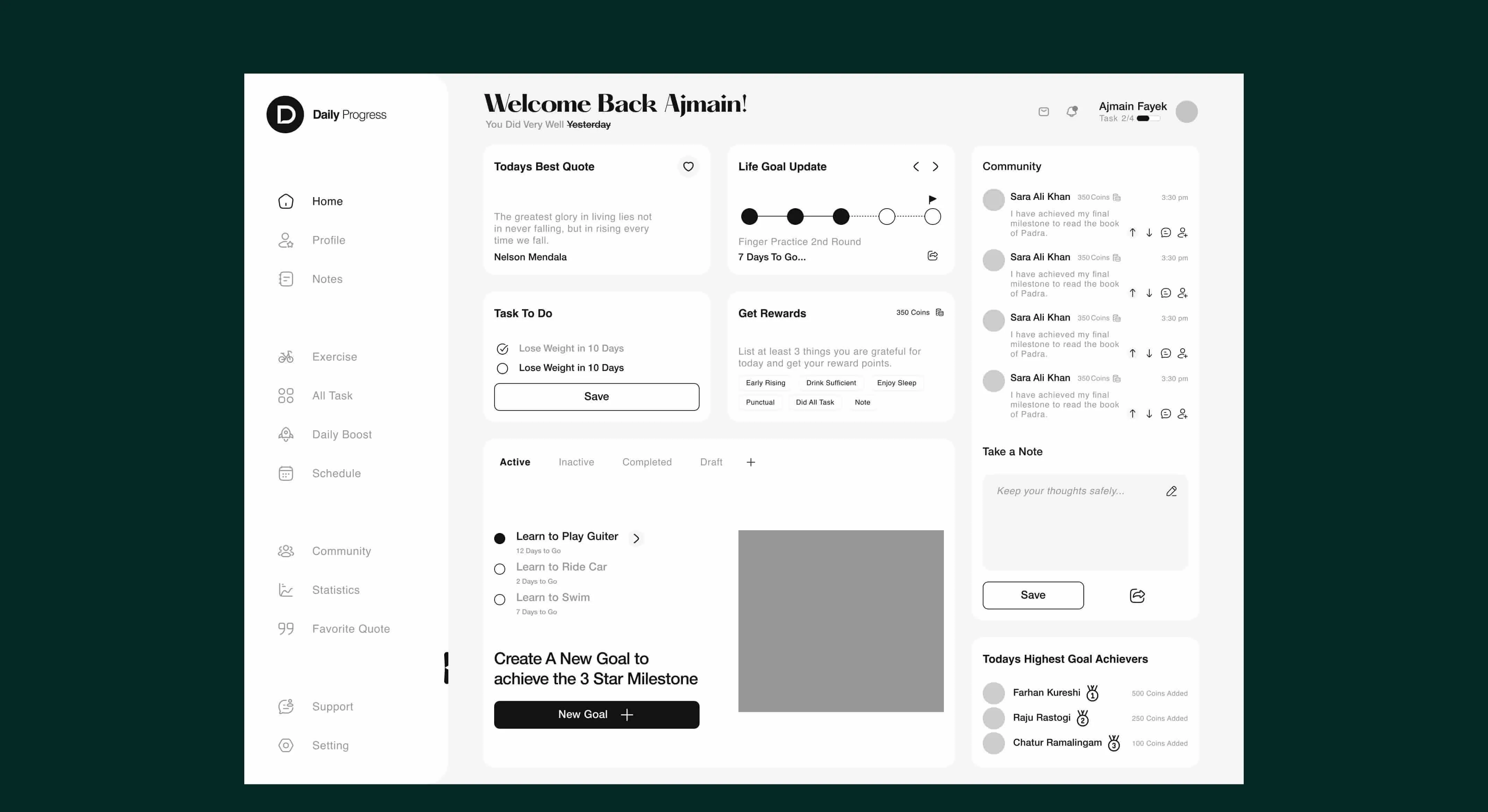 Alternative dashboard layout with progress steps and achievers list