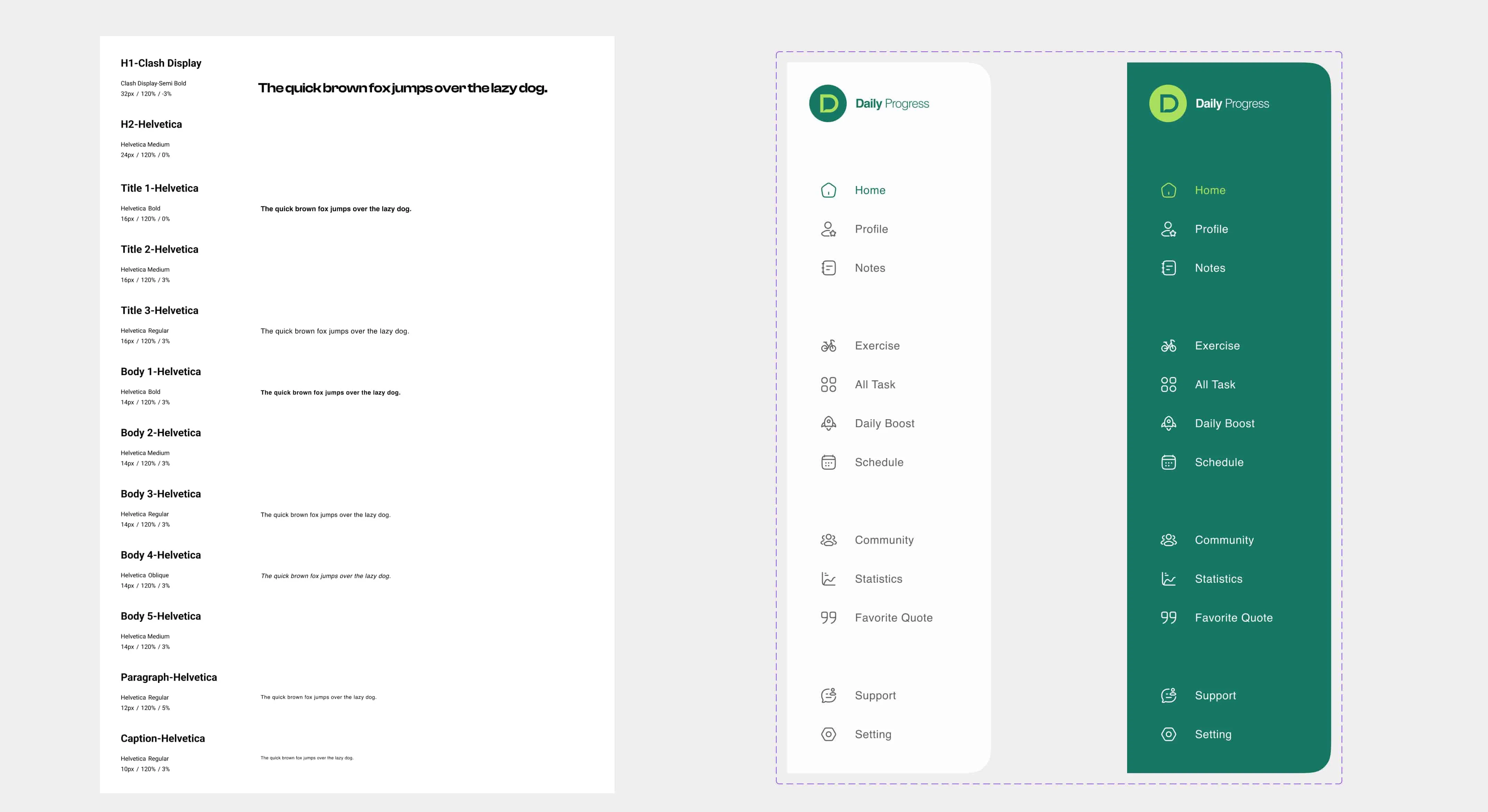 Typography scale and light and dark sidebar navigation