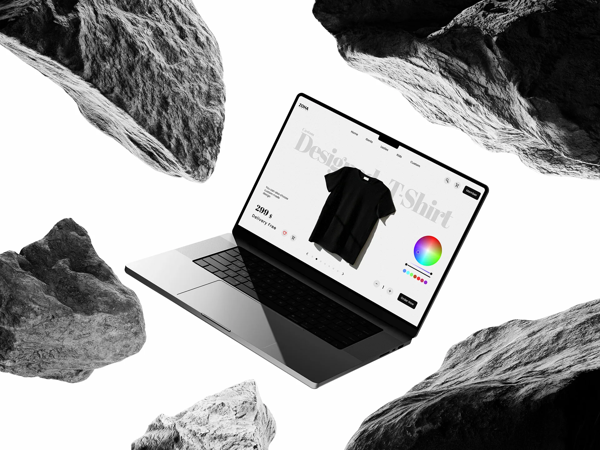 T-shirt e-commerce landing page design shown on a laptop