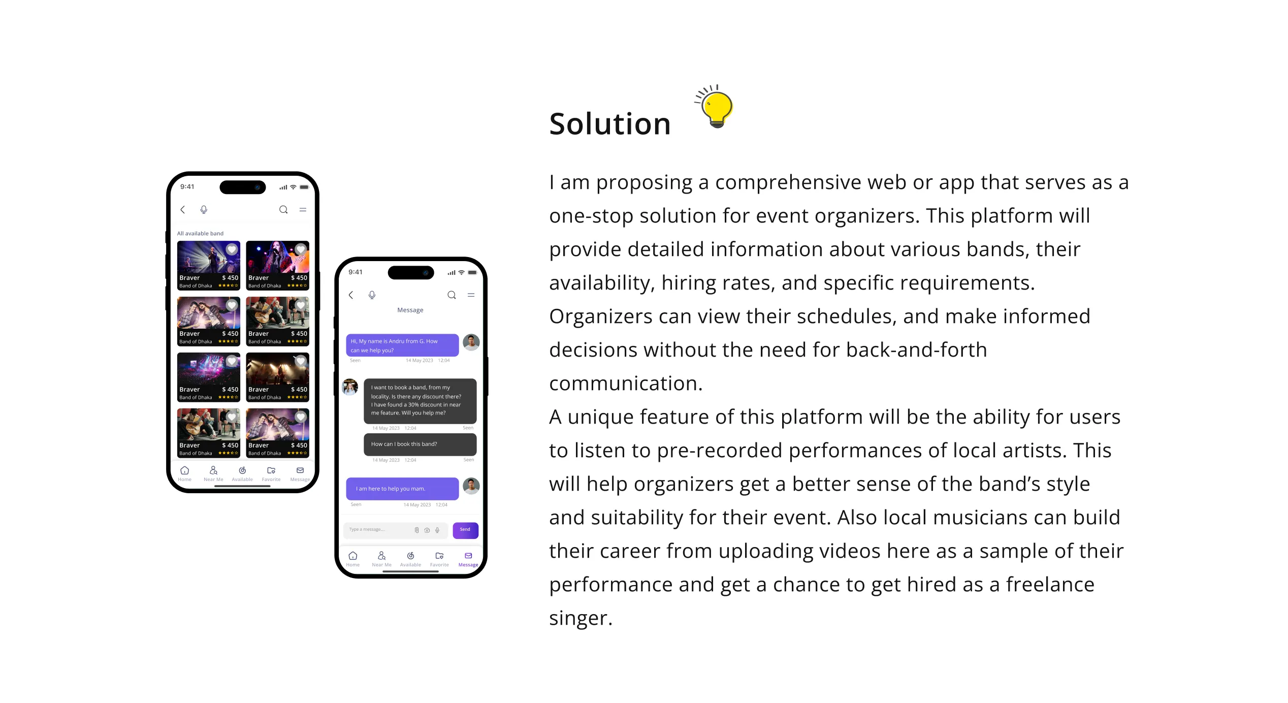 Solution: a one-stop app to discover and book bands, with mobile screens